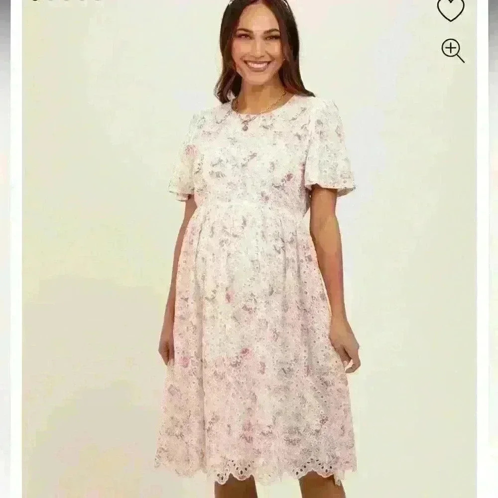 Pinkblush Ivory Floral Embroidered Eyelet Maternity Midi Dress